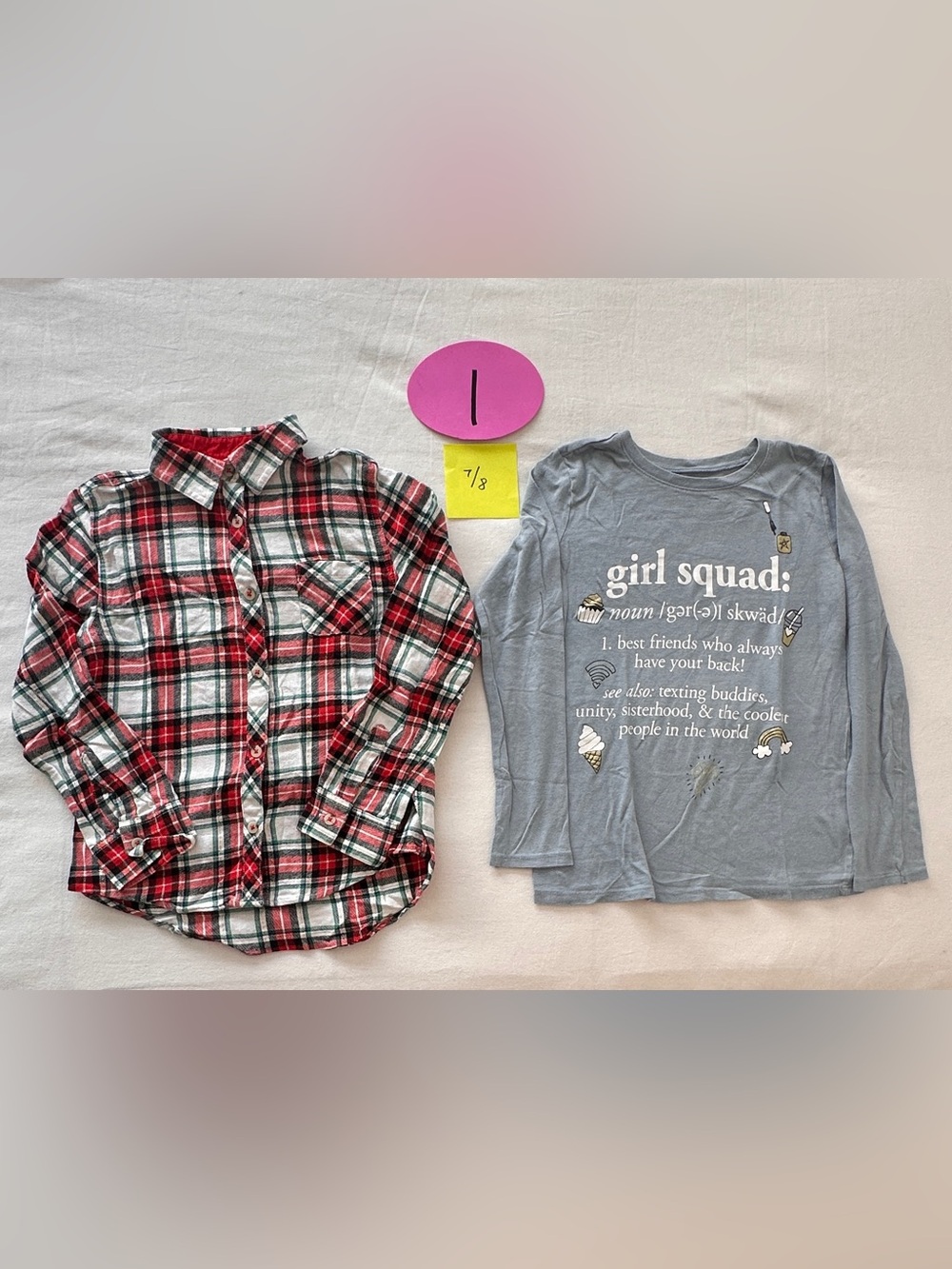 7/8 Y - 1 “Girl Squad” Graphic L/S T + 
1 red/white/gold Flannel Shirt Bundle